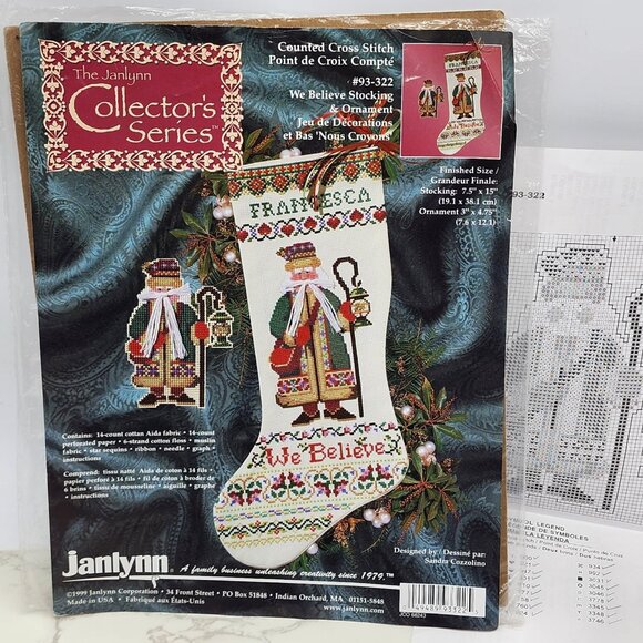 JANLYNN Vintage Christmas Stocking WE BELIEVE Cross Stitch Kit 1999 PATTERN ONLY - Picture 1 of 4